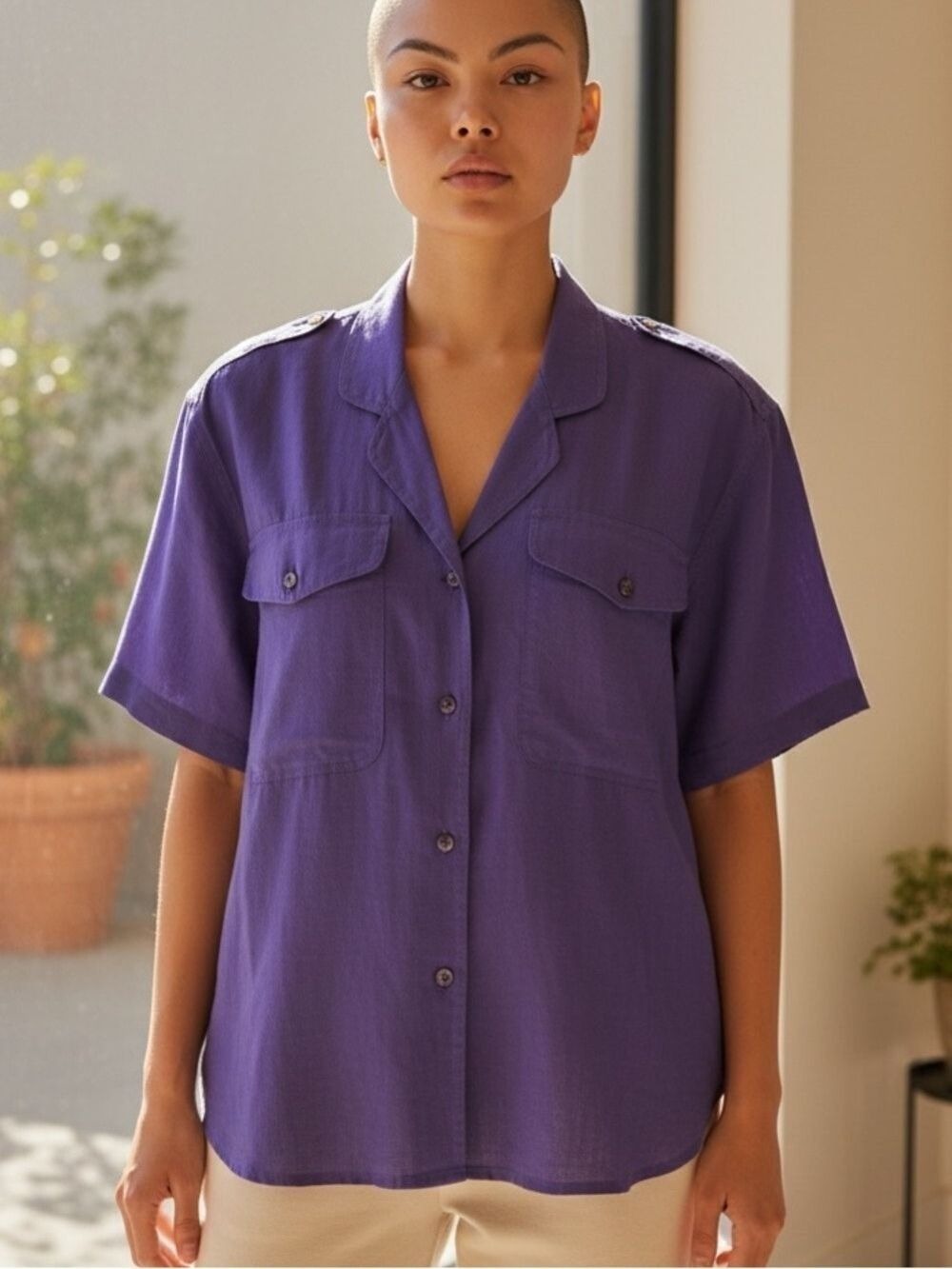 80s OUTBACK RED PURPLE LINEN BLEND PADDED SHOULDER RELAXED FIT SAFARI SHIRT SZ M